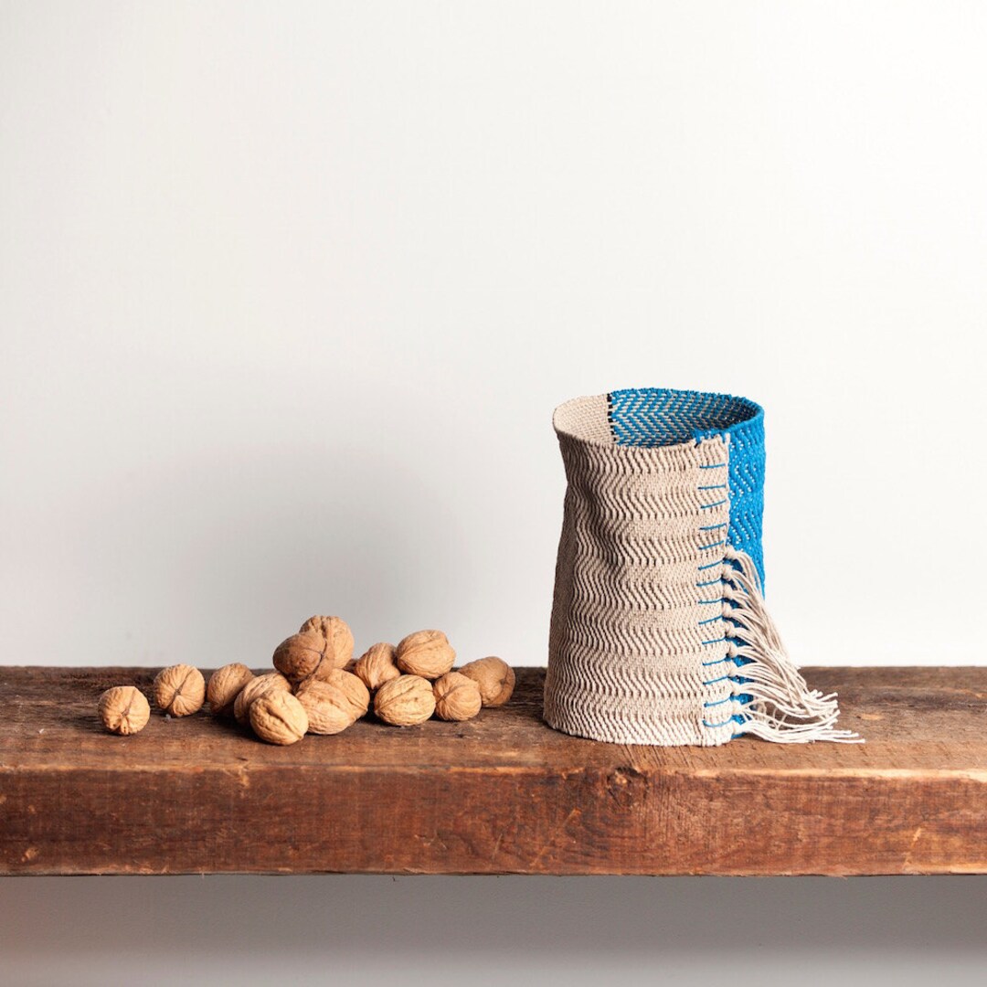 Small Blue Basket Natural Fiber Storage Basket Ustensil Etsy
