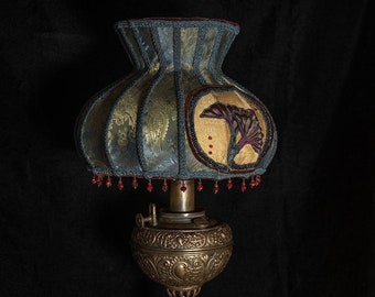 SOLD Nadia: Ukrainian ribbon worked into art nouveau flowers on hand-stitched silk shade then paired with authentic, brass oil lamp