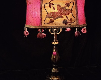 Masako - Lampshade in rich reds, greens and gold embellished with Ukrainian still ribbon work.