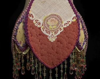 SOLD - Miss Mona, Pink Boudoir Lamp and Lampshade with Vintage Handkerchief and beaded fringe