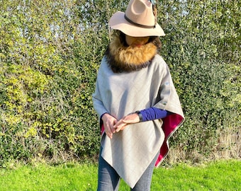 Handmade Lady’s Grey Check Tweed Cape Poncho avec doublure rose