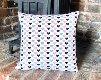 882. Handmade Pink & Grey Hearts 100% Cotton Cushion Cover. Various sizes