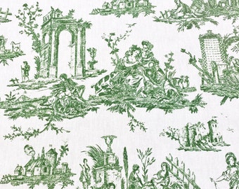 1142 . Green Toile De Jouy 100% Cotton Fabric, price per 1/2 metre, 146cm wide