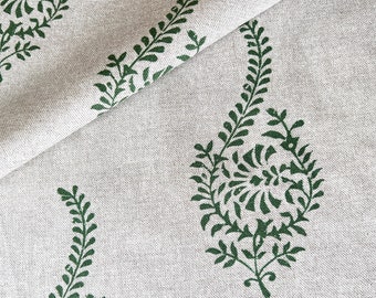 1315. HUMBER LINEN LOOK Green block print 100% Cotton Fabric. Price per 1/2 metre