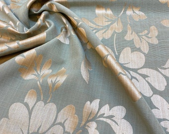 1114. Teal green/gold Flowers Jacquard Curtain Fabric, 140 cm wide. Price per 1/2 metre