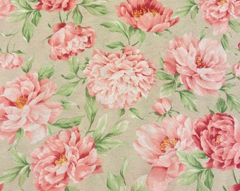 987. Flores de color melocotón sobre tela de polialgodón color crema. 140 cm de ancho. Precio por 1/2 metro.