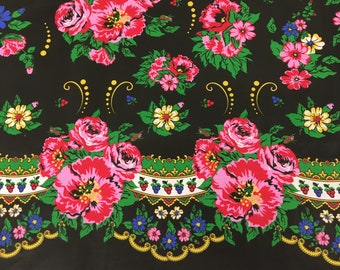 825. Mountain pink folk pattern on black 100% Cotton Fabric. Price per 1/2 metre