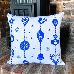 660. CHRISTMAS BAUBLES BLUE on White 100% Cotton Cushion Cover. Various sizes