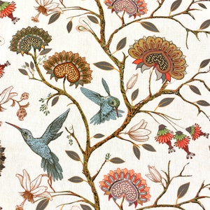 895. HUMMINGBIRD with FLOWERS on off White, 100% Cotton fabric, Price per 1/2 metre