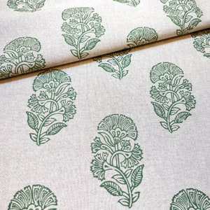 1326. Kerala GREEN BLOCK PRINT Linen look 100% Cotton Fabric. Price per 1/2 metre