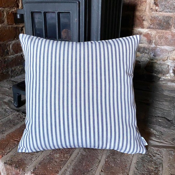 633. Blue Ticking Stripe, Handmade Cushion Cover, Various sizes