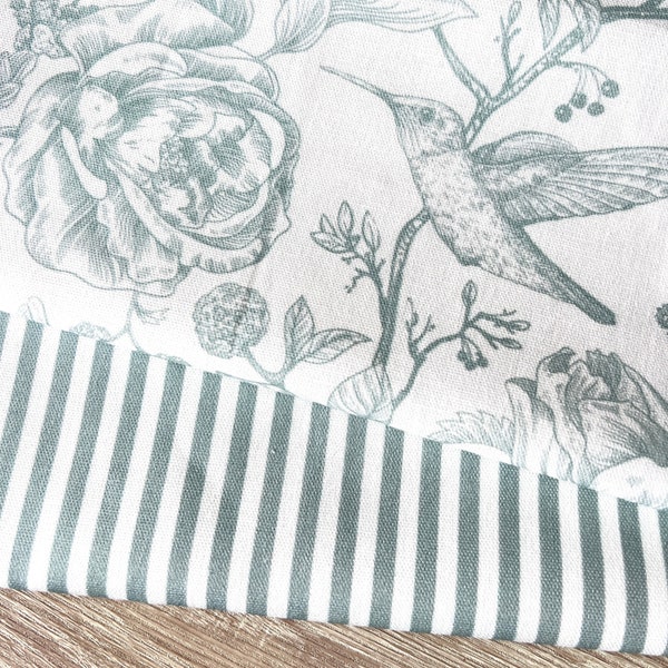 DUCK EGG blue Hummingbird/ Stripe 100% Cotton fabric, Price per 1/2 m