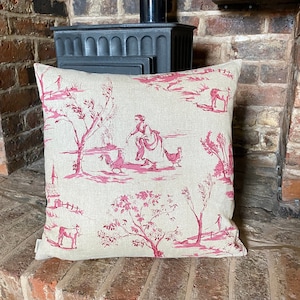 906. Handmade Helena in Red, Toile de Jouy 100% Linen Handmade Cushion Cover. Various sizes
