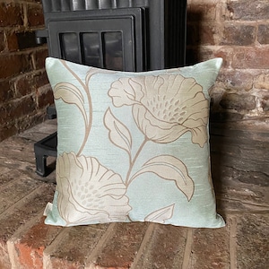 554. Handmade Flowers on Duck egg Blue Jacquard Cushion Cover. Various sizes