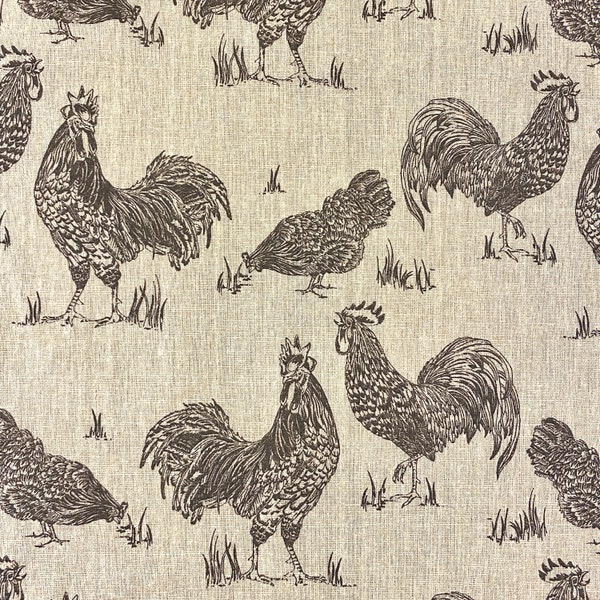 907. Clarke & Clarke Black Chickens Noir on Beige 100% linen fabric. 140cm wide, Price per 1/2 metre