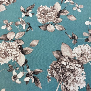 1110. HYDRANGEA ON TEAL 100% cotton Fabric. 147cm wide, Price per 1/2 metre