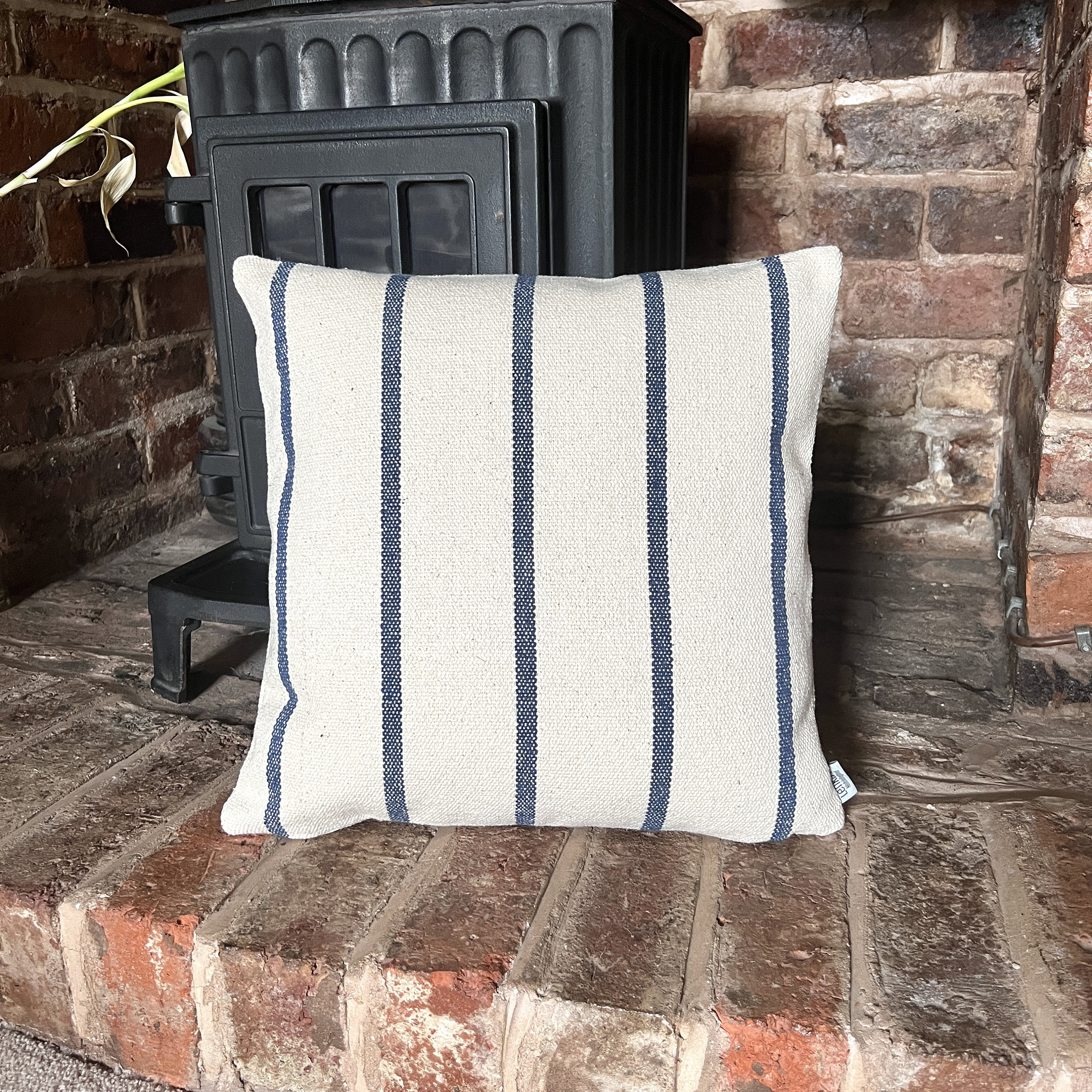 maid France cushion ドガ 1293. Handmade - Blue Stripe Heavy French Linen Look Cushion