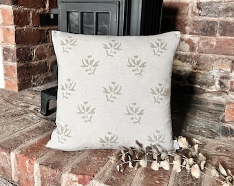 1633. SASKIA Soft green Block print Linen Look 100% Cotton Cushion Cover