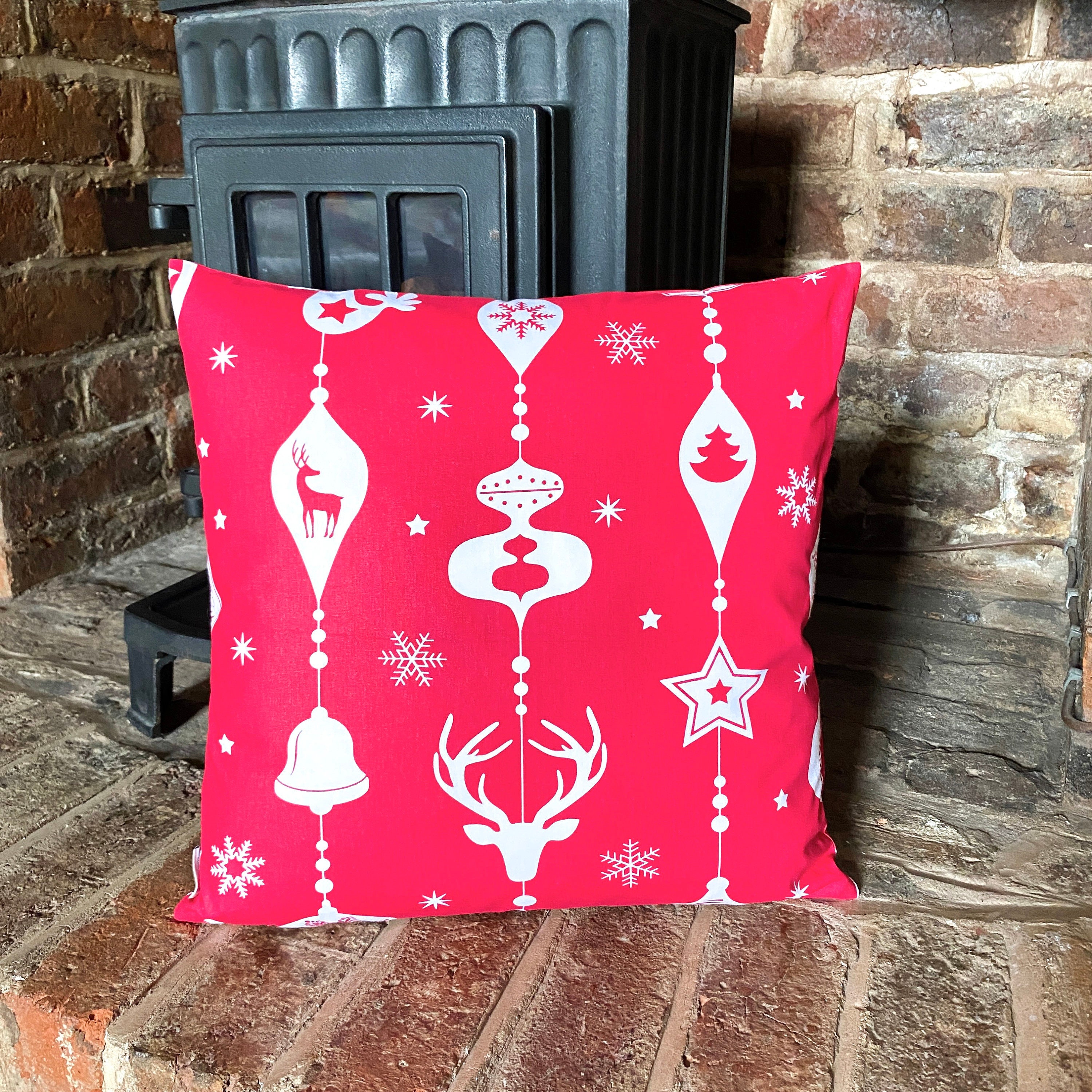 659. Handmade CHRISTMAS BAUBLES white on red 100% Cotton Cushion Cover.