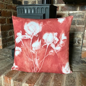 500. WATERCOLOURS FLOWERS on RED 100% Cotton Cushion Cover. Various sizes