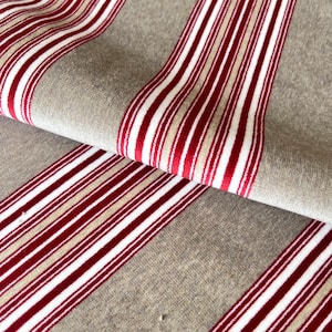 1445. Red Stripe velvet cotton upholstery fabric, 140cm wide, Price per 1/2 metre