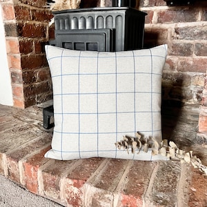 Könnte beinhalten: Ein quadratisches Zierkissen mit hellbeigem Hintergrund und blauem Gittermuster. Das Kissen liegt auf einer Ziegeloberfläche in der Nähe eines schwarzen Ofens. Eine getrocknete Pflanze liegt auf dem Ziegel.