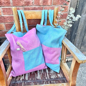 Pink/Teal Double sided/ Reversible Linen tote  bag with pockets, Rustic linen shoulder bag
