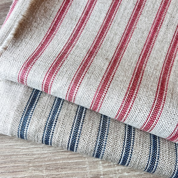 Harrop Stripe LINEN blend Ticking Fabric, Red/ Blue, 135cm wide, Price per 1/2 metre