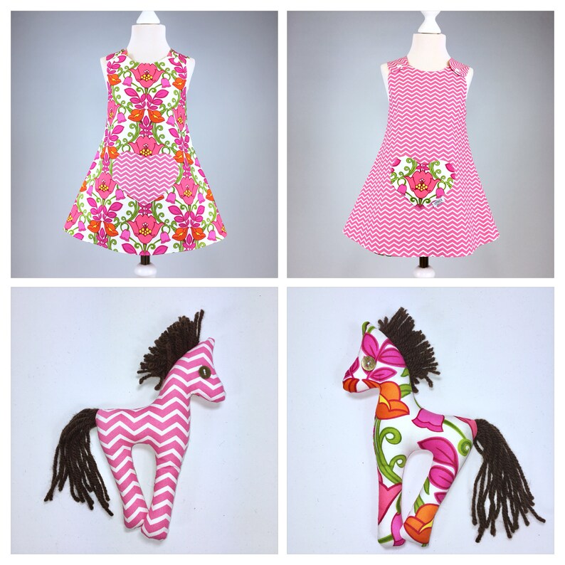 8-9 years Handmade Reversible Girl/'s Dress with horse Pink Bells on zig zag Size New Born