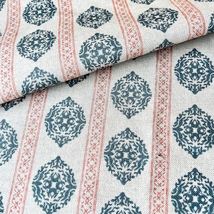1364. CAMILLA Indigo/ Coral, 100% Cotton Fabric. 136 cm wide