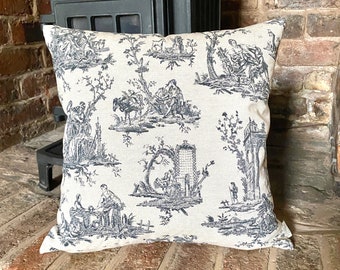 1003. Handmade Black Toile De Jouy 100% Cotton Linen Look Cushion Cover. Various sizes