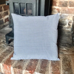 Puede incluir: Un cojín de tiro de gingham azul y blanco. El cojín es cuadrado y tiene un diseño simple.
