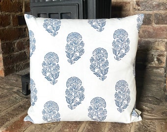 Block print cushion cover Hand made pillow cover Linen cushion cover Blue pillow cover Boho cushion cover