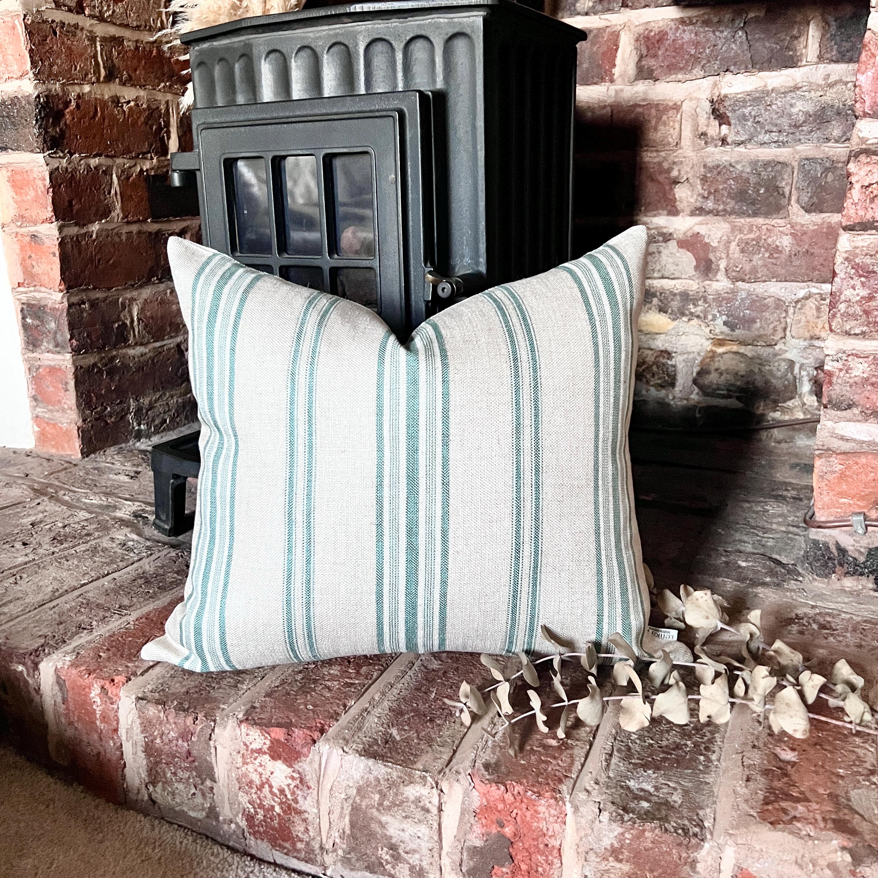 1552. Handmade Green Stripe LINEN blend Cushion Cover, Various sizes