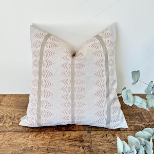 1657. CONIFER STRIPE Green/Blush Block Print Linen Look 100% Cotton Cushion Cover