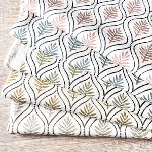 May include: Four fabric swatches with a white background and a repeating pattern of brown, green, and blue stylised leaves in a diamond shape.