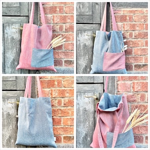 Bolsa de linho dupla face/reversível vermelha/azul com bolsos, bolsa de ombro de linho rústica