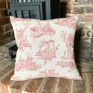 1004. Red Toile De Jouy 100% Cotton Linen Look Cushion Cover. Various sizes