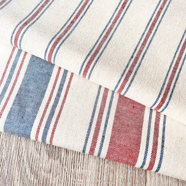 Extra wide Stripe Red/Blue 100% cotton fabric, Linen Look,  Double width 275cm/ 108inch, price per 1/2 metre