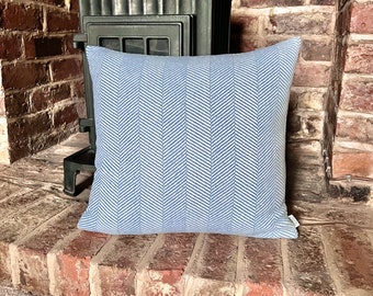 1337. Blue White Herringbone Tweed Wool Cushion Cover. Various sizes