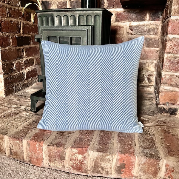 1337. Blue White Herringbone Tweed Wool Cushion Cover. Various sizes