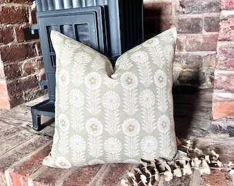 1556. FLORA Soft green Block print  Linen Look 100% Cotton Cushion Cover