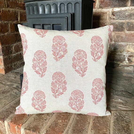 1006. Red KERALA Block print 100% Cotton Linen Look Cushion Cover