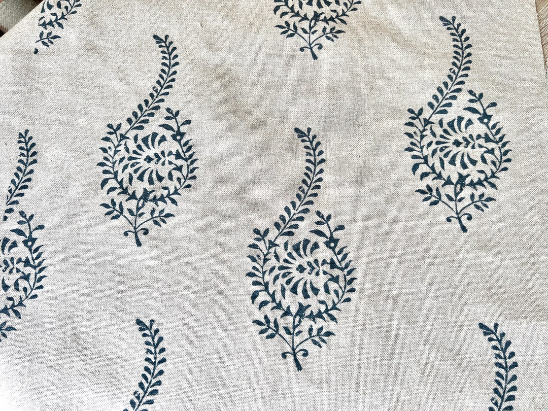 1316. HUMBER LINEN LOOK Blue Block Print 100% Cotton Fabric. Price per ...