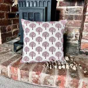 1579. Mulberry Trees Red on linen Block print  Linen Look - Cotton blend Cushion Cover