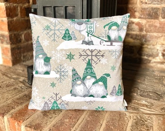1156. Christmas Dwarfs in Green on beige 100% Cotton Cushion Cover Various sizes