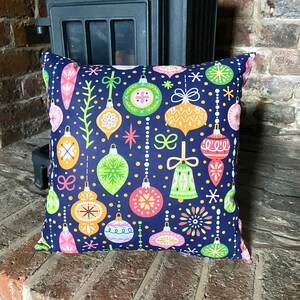 967. Christmas baubles on blue 100% Cotton Cushion Cover, Various sizes