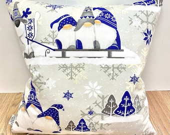 947. Handmade Christmas Dwarfs in Blue 100% Cotton Cushion Cover . Various sizes