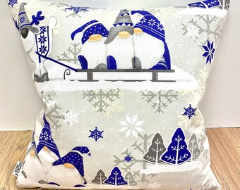 947. Handmade Christmas Dwarfs in Blue 100% Cotton Cushion Cover . Various sizes