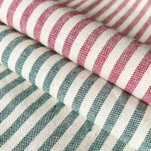GREEN/ RED STRIPE cotton Linen Look fabric, Double width 280 cm/ 110 inch